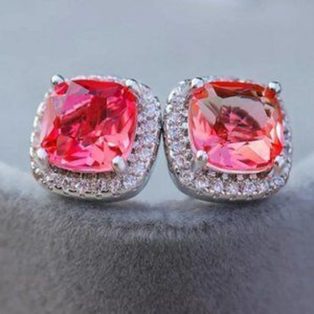 NEW White Gold Pink Diamond Halo Stud Earrings